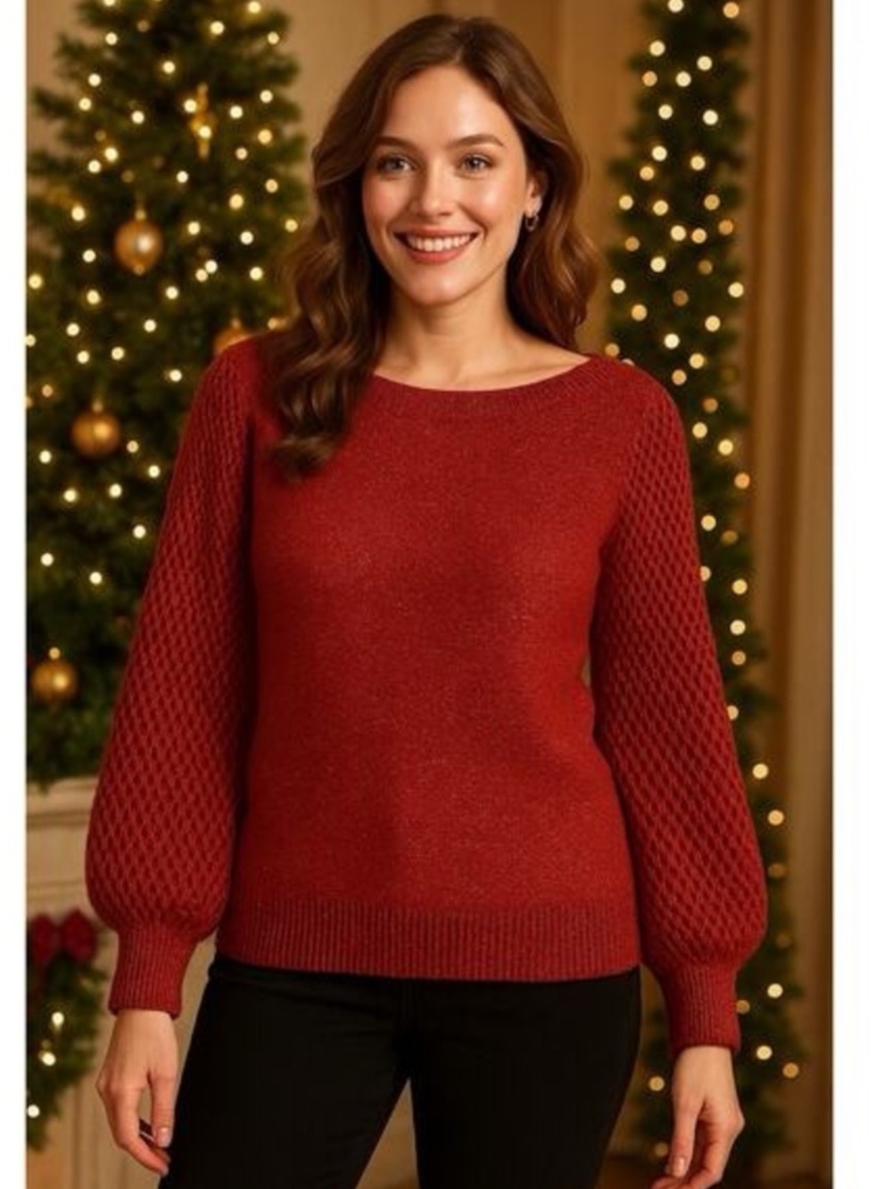 NWT Tommy Bahama Sweater Shimmer Balloon Sleeve Tango Red Wool Blend